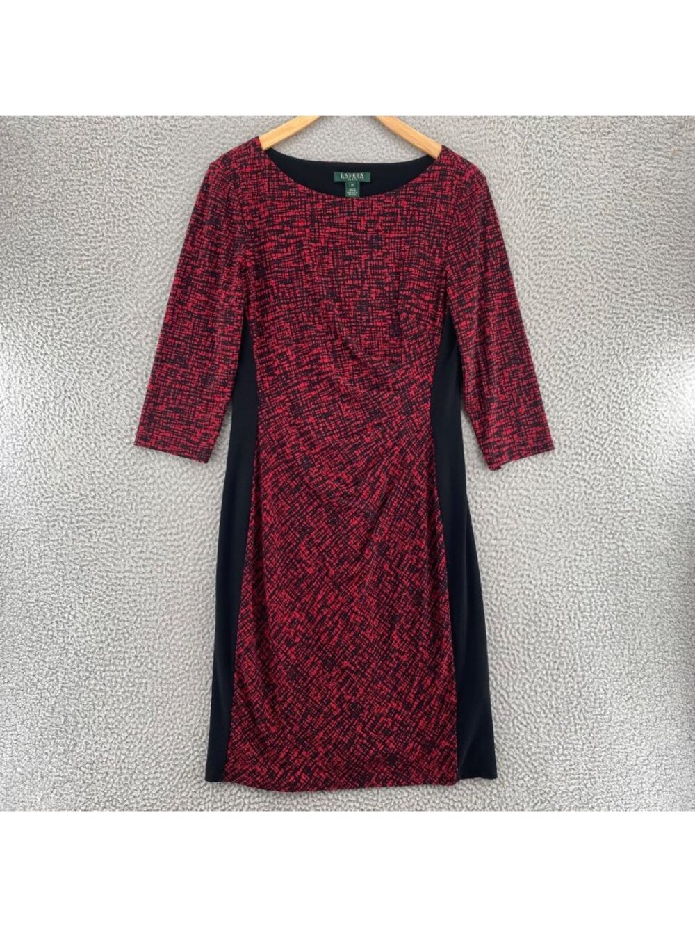 Lauren Ralph Lauren Dress Womens 10 Red Bodycon Ruched 3/4 Sleeve Jersey Stretch